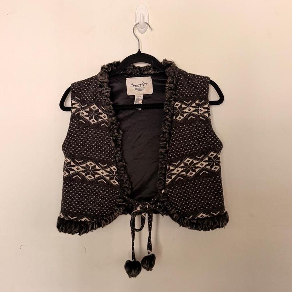 Y2K American Rag Cie Brown Fair Isle Faux Fur Trim Crop Tie Front Vest Size S